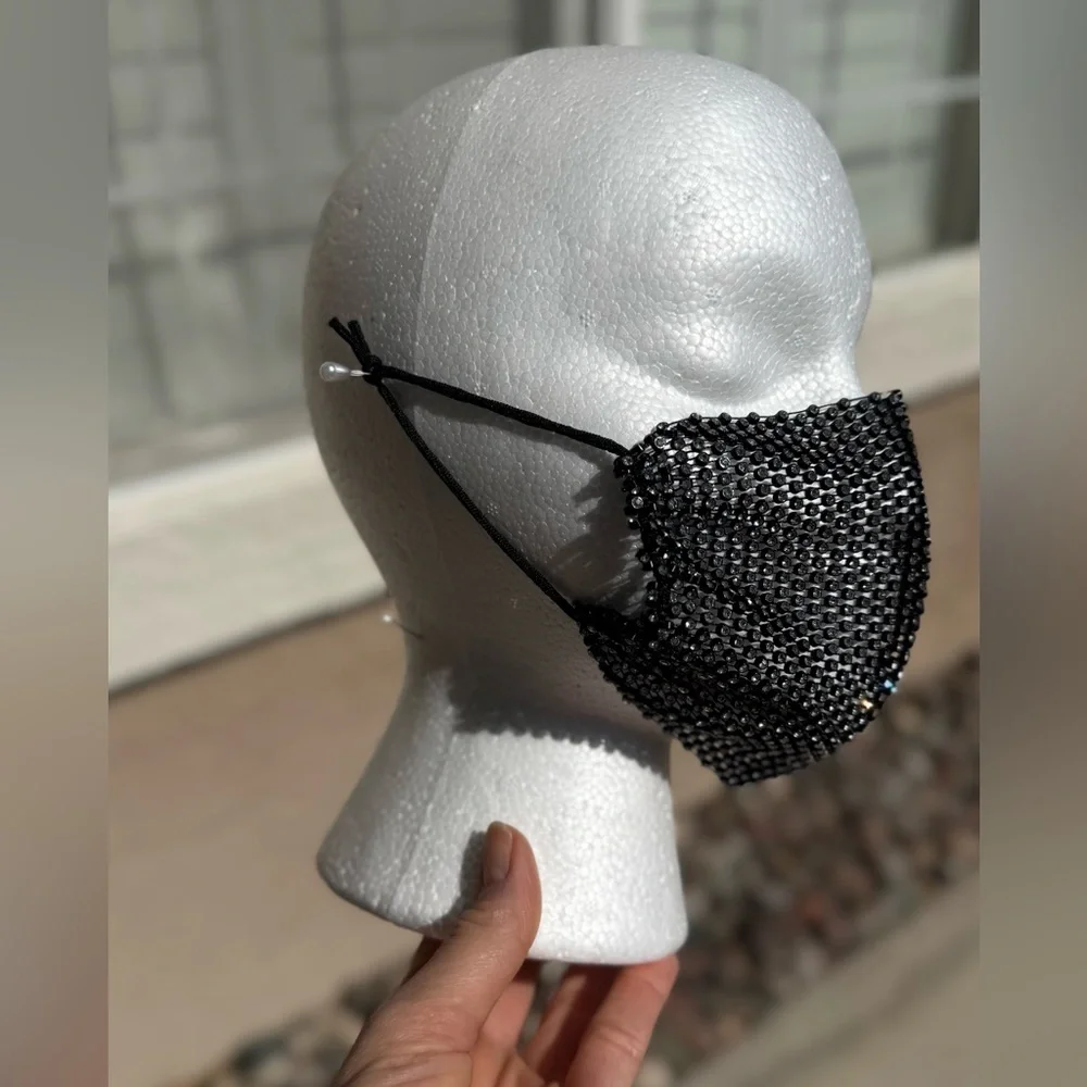 Beaded Black Rhinestone Face Mask